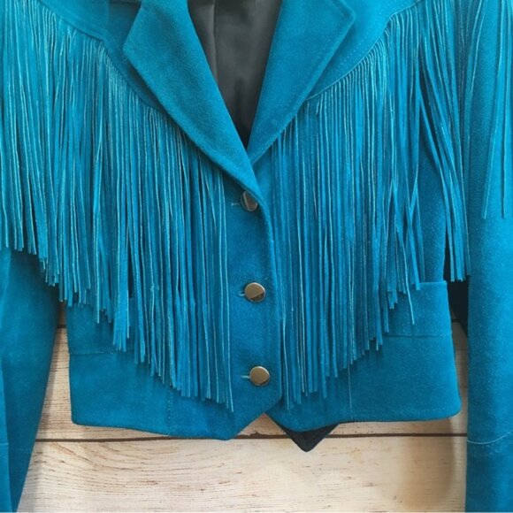 VINTAGE PIONEER WEAR GENUINE LEATHER FRINGE JACKET IN DEEP TEAL - Picture 10 of 16